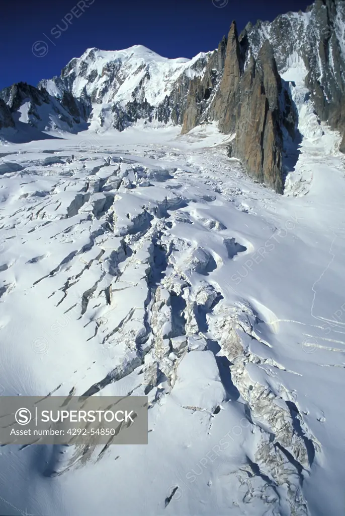 France, Alps, Mont Blanc, crevasses on Glacier du Geant