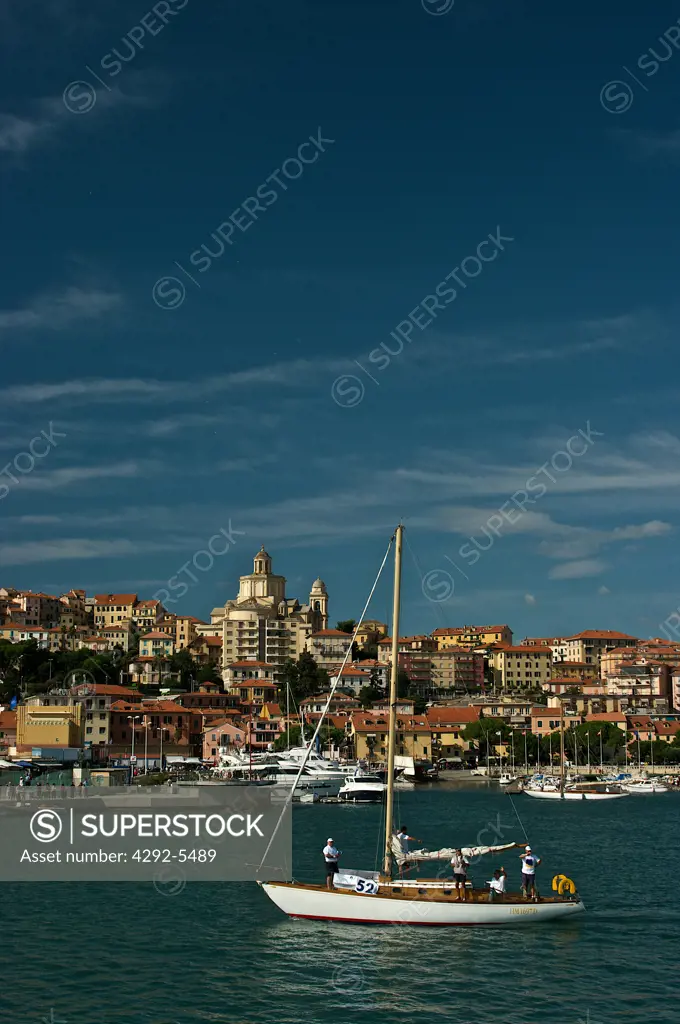 Italy, Liguria, Imperia, Porto Maurizio harbour with the vintage boats race