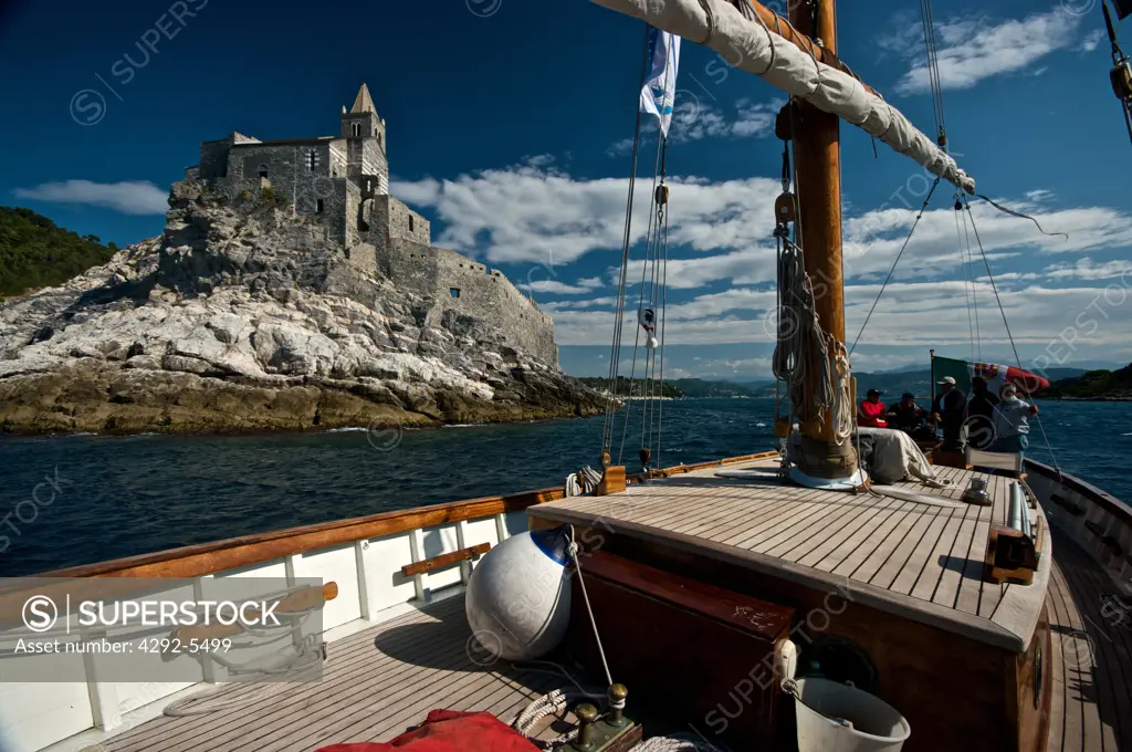 Italy, Liguria, Cinque Terre, Portovenere, typical Leudo, sailing boat