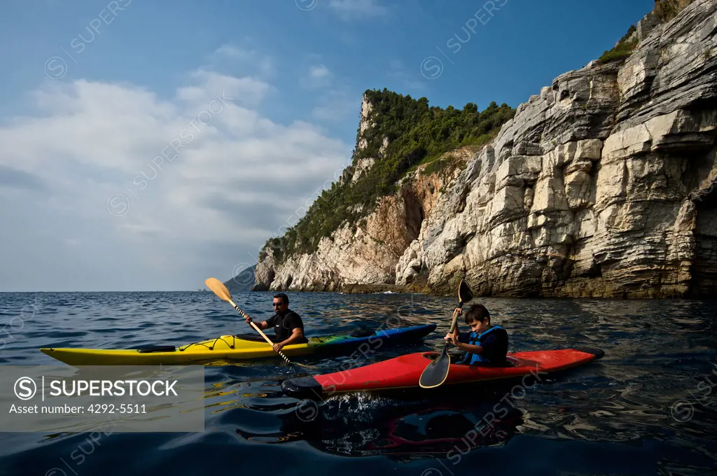 Italy, Liguria, sea kayak along Cinque Terre coastline
