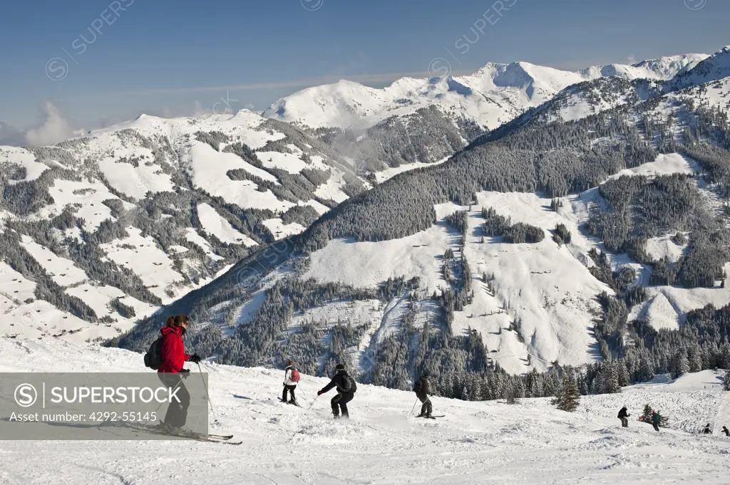 Austria, Tyrol, Alpbach valley, skier, Galtenberg Mount and Schatzberg Mount