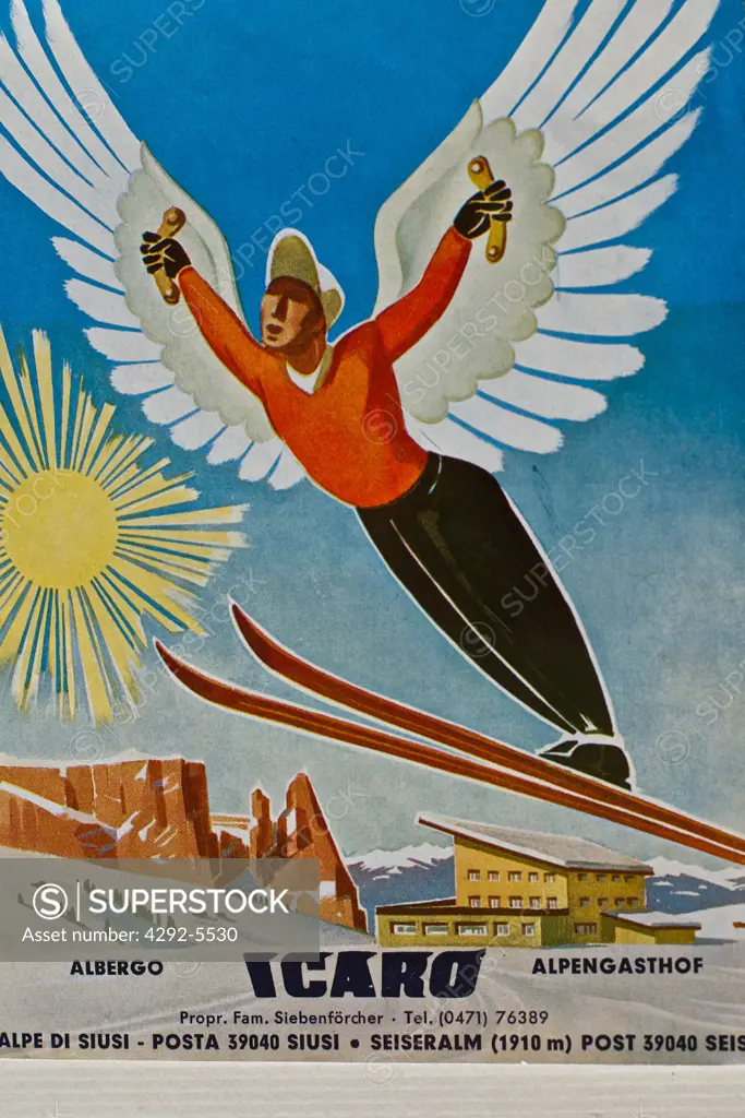 Italy, Trentino Alto Adige, Alpe di Siusi, Hotel Icaro old poster