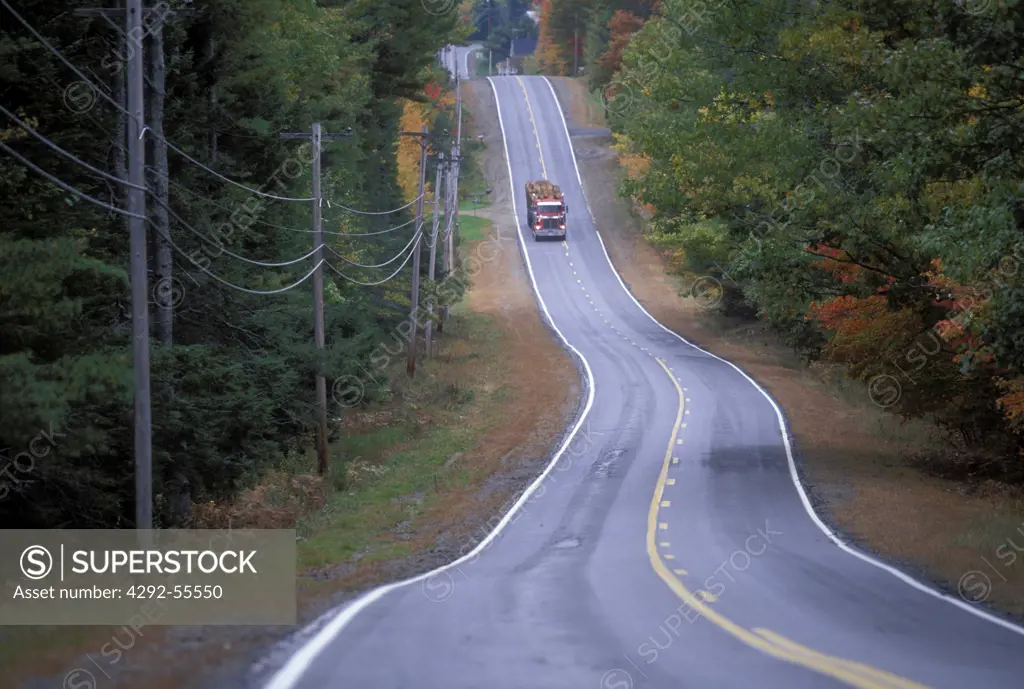 Winding road with a logging truck