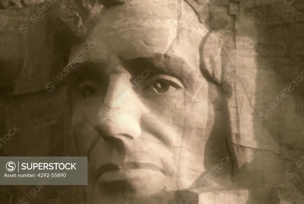 The portrait of Abraham Lincoln carved on Mount Rushmore by Gutzon Borglum in the Black Hills of South Dakota,USA