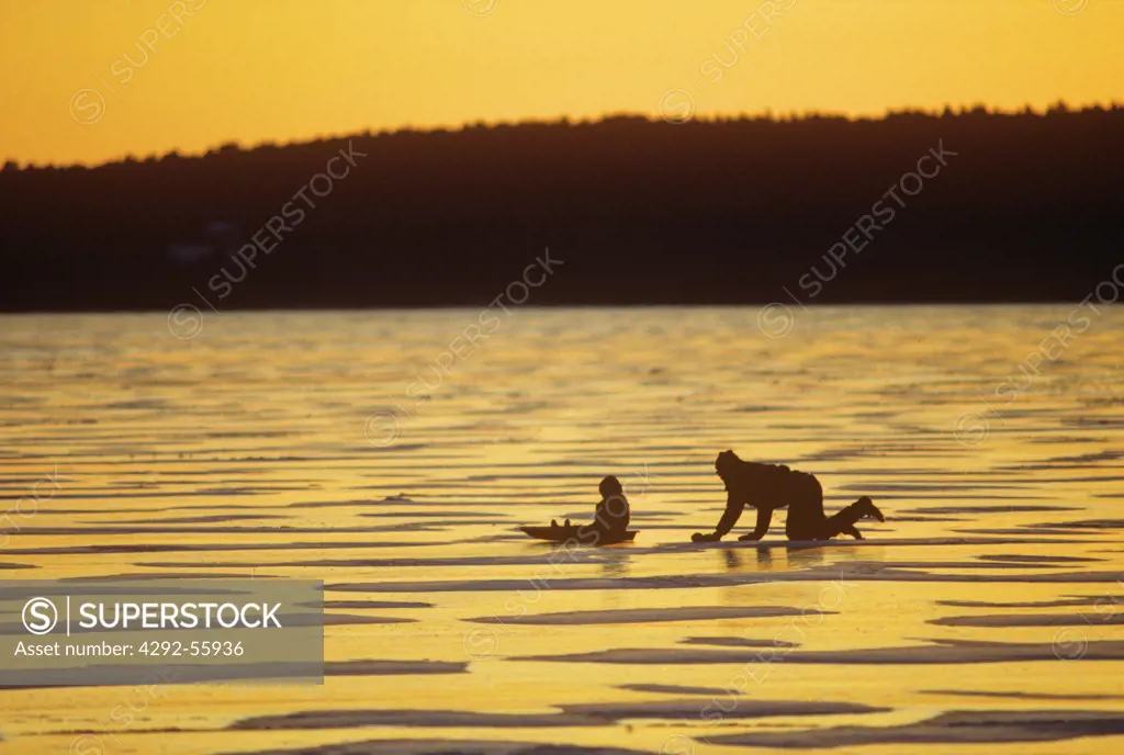 Man and child in a sled on a frozen lake at sunset. Jefferson, Maine,USA
