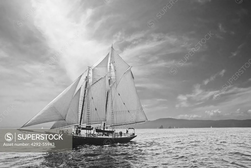 Schooner under full sail in Penobscot Bay. Camden, Maine,USA