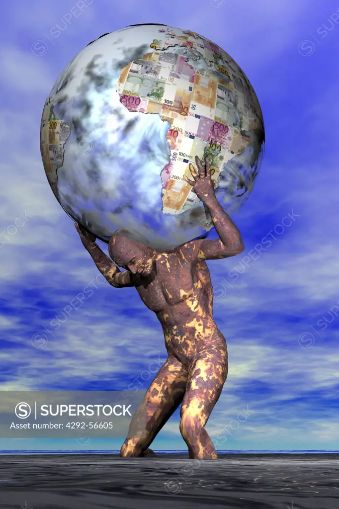 Man carrying euro - globe on his shoulders
