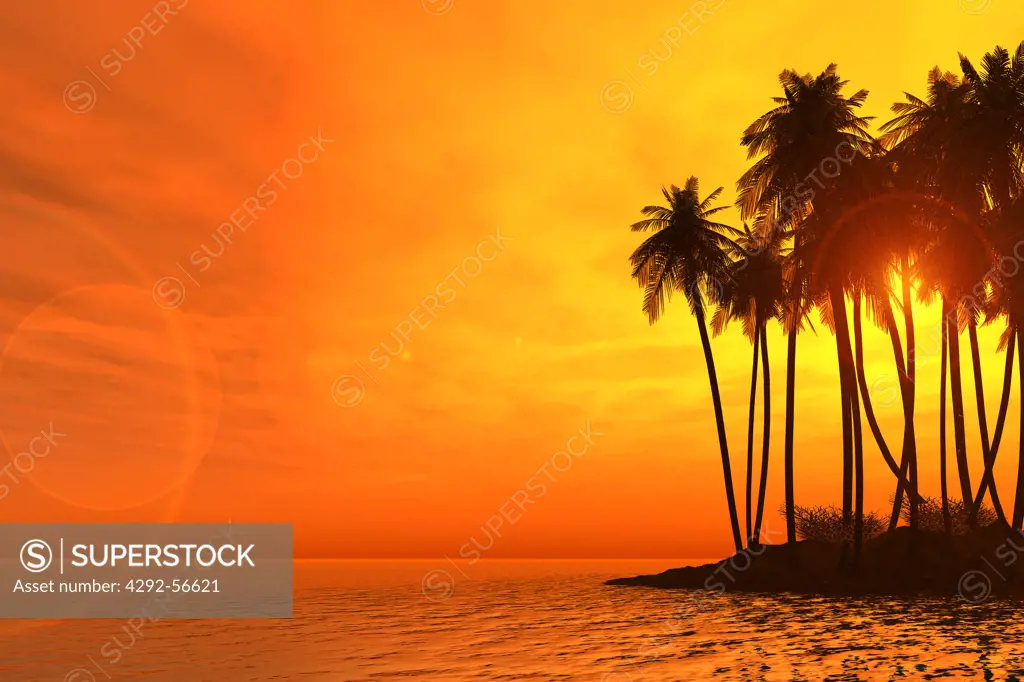 Sunset and tropical island (digital composite)