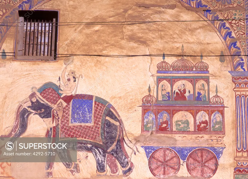 India, Rajasthan, Fatehpur, fresco on Haveli house