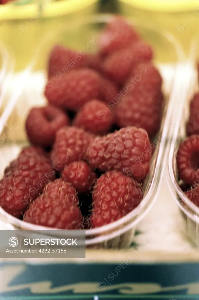 Raspberries in plastic box