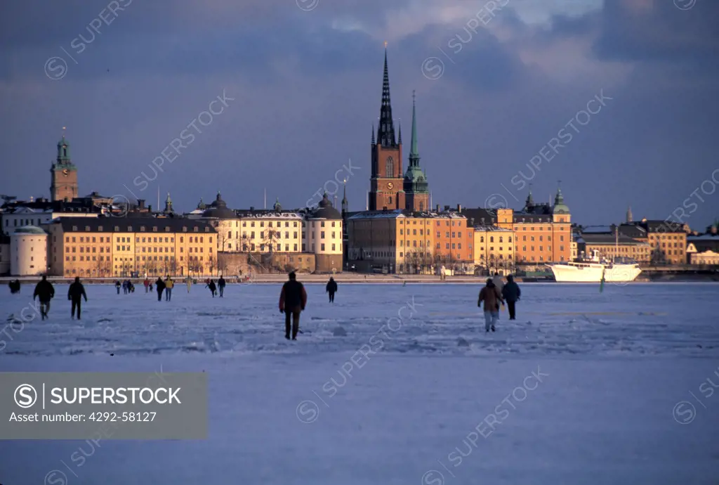 Sweden, Stockholm: Riddarholmen and the Old Town at sunset in winter