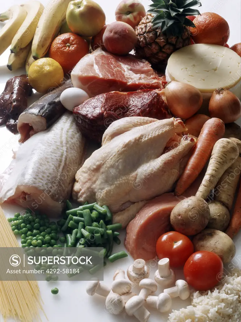 Foodstuff: Raw meat, fish, vegetables and fruit