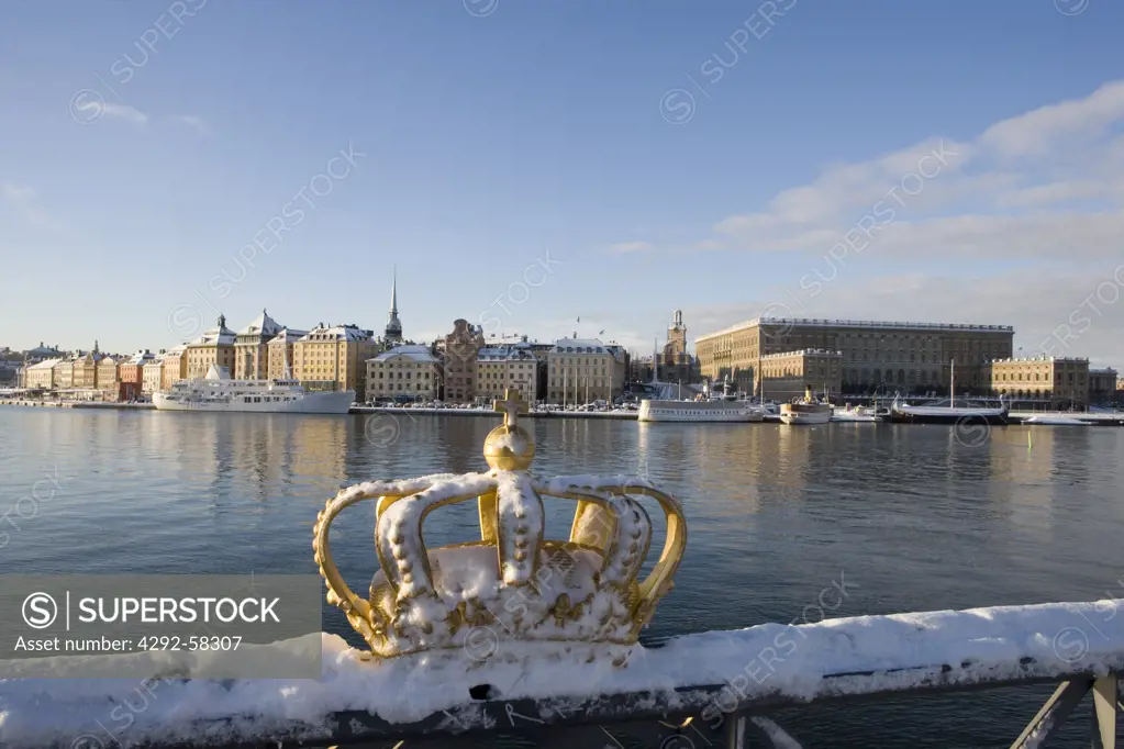 Europe, Sweden, Stockholm, golden crown on Skeppsholmen Bridge