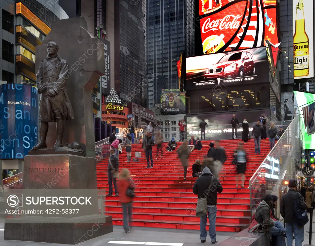 USA, New York, New York City. Times Square, Red Glass Stairway.