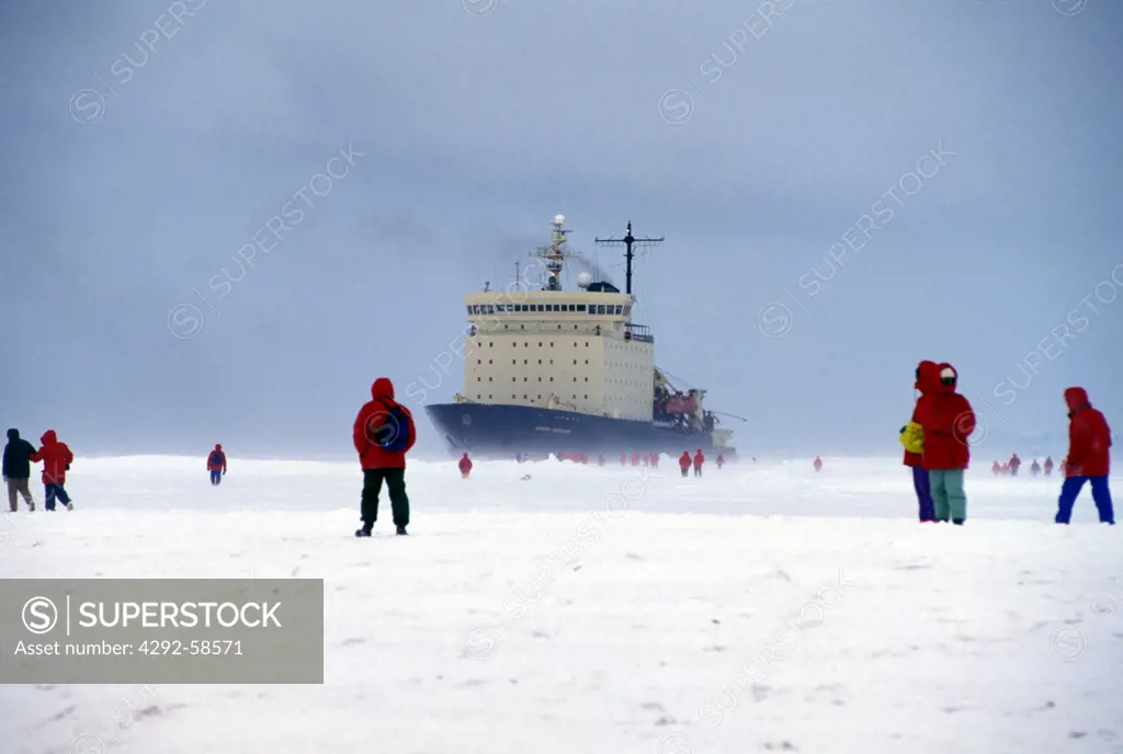 Antarctica, Queen Maud land, Icebreaker and tourists at Antarctic Peninsula
