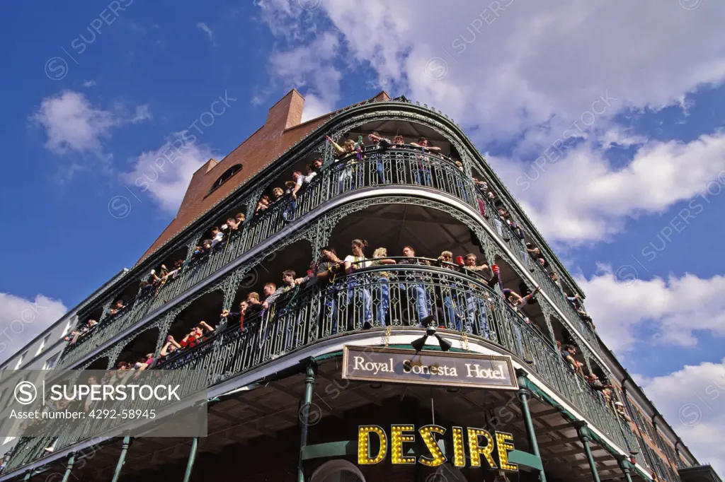 USA, New Orleans, Louisiana, Balconies Of Royal Sonesta Hotel, French Quarter, Mardi Gras