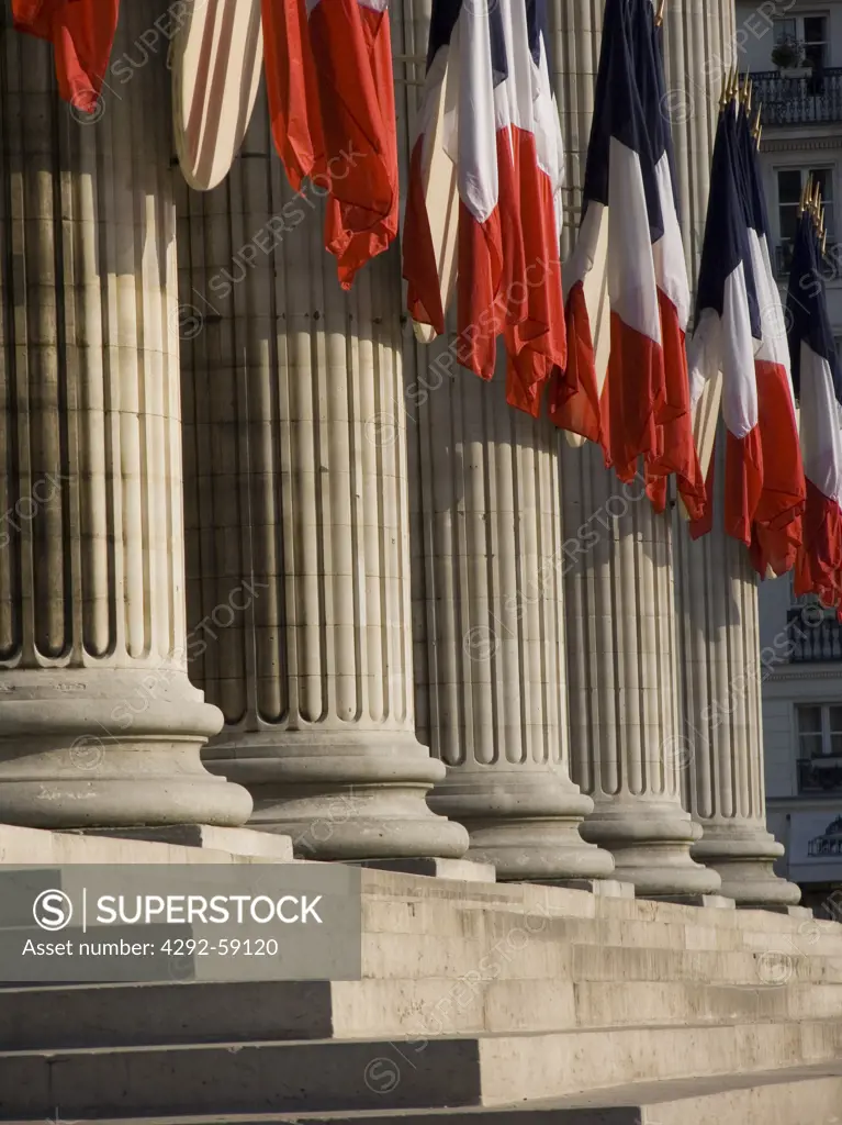 French Tri-Color flags hanging from the columns of the Pantheon, Paris, France