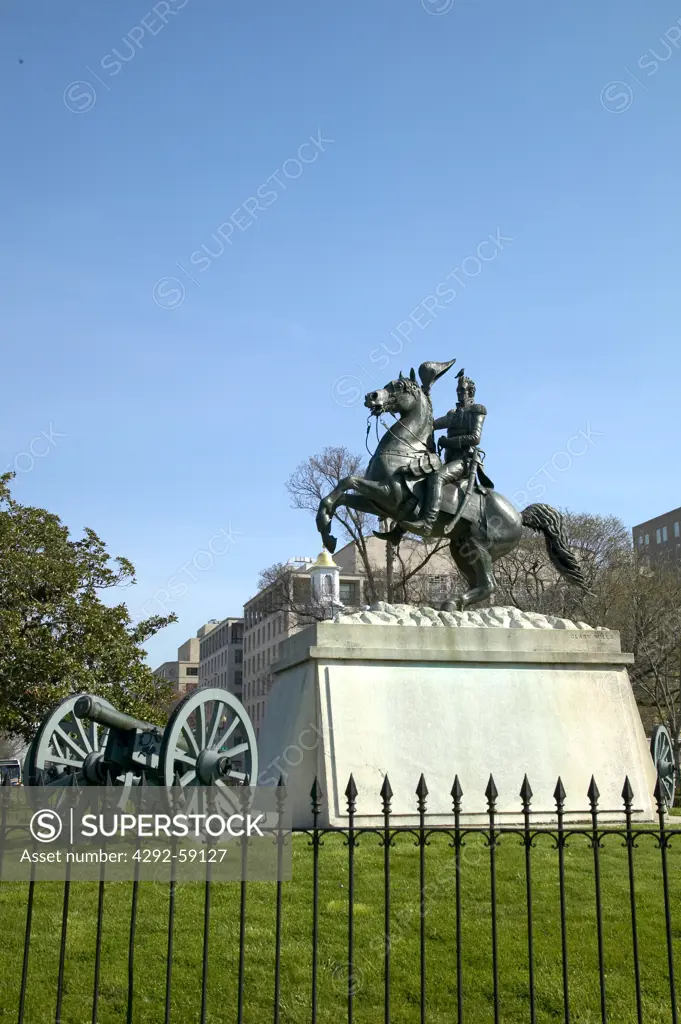 USA, Washington DC. Statue of Andrew Jackson on horseback in Lafayette Square across from The White House