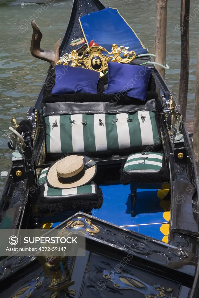 Europe, Italy, Venice, deatil of gondolier's hat and gondolas