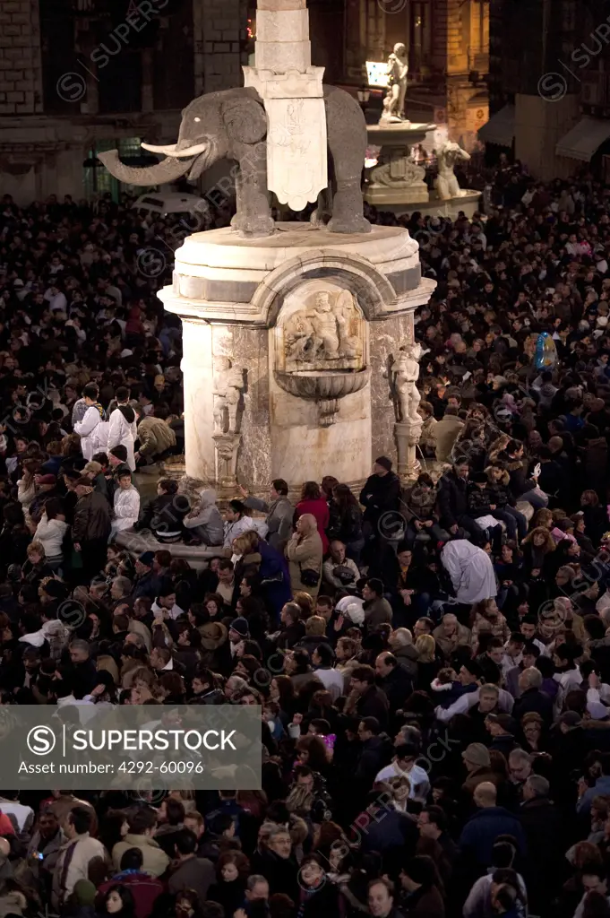 Italy, Sicily, Catania,the Elephant statue and the crowd during Sant'Agata Feast (the Patron Saint of the city)