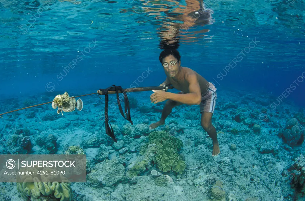 Fisherman with stone fish on spear. Bunaken, Sulawesi, Indonesia