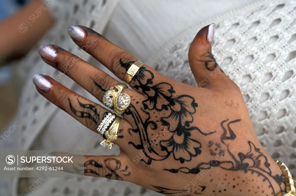 Africa, Tunisia, woman henna hand tattoo