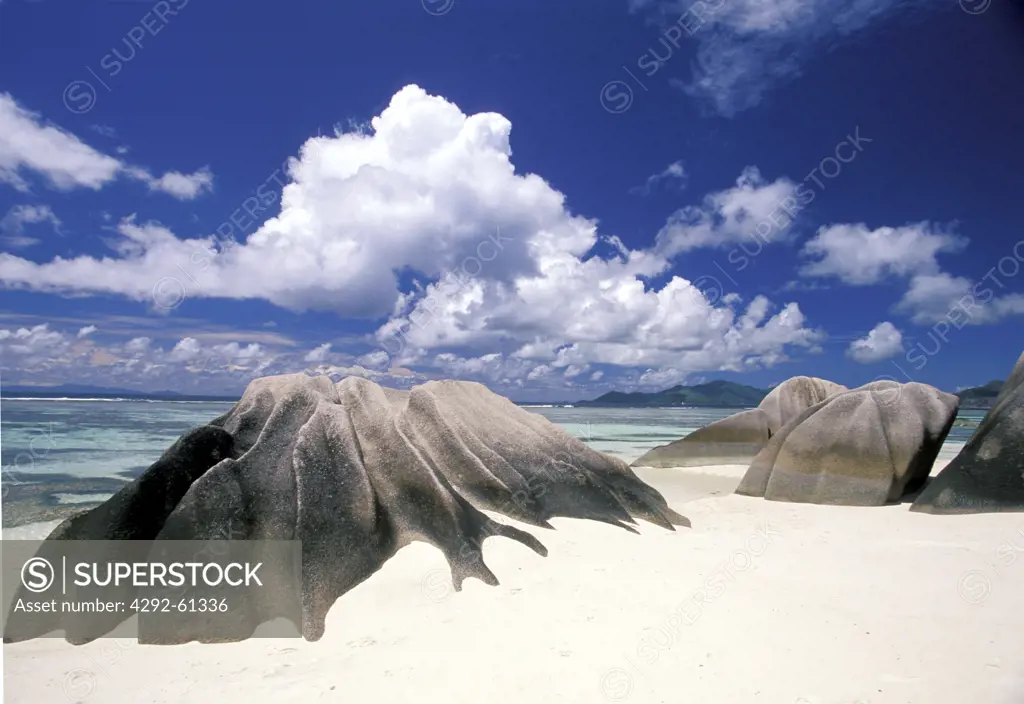 Seychelles, La Digue Island, Baie DArgent. Stones on the beach