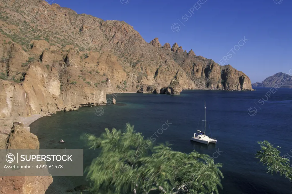 Mexico, Baja California, Isla Danzante, boat anchored