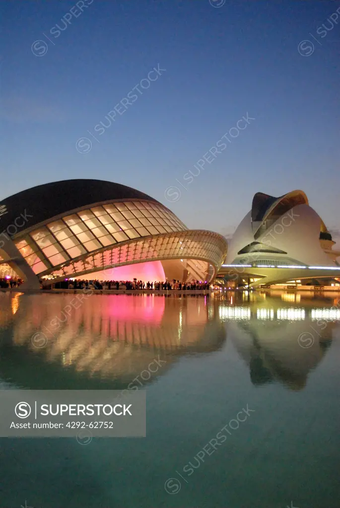 Spain, Valencia, City of Arts and Sciences: view of the hemispheric planetarium and Reina Sofia Arts Palace