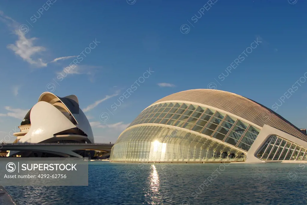 Spain, Valencia, City of Arts and Sciences: view of the hemispheric planetarium and Reina Sofia Arts Palace