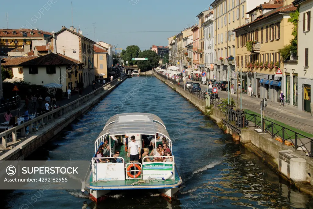 Italy, Lombardy, Milan, Navigli, sightseeing boat Tour