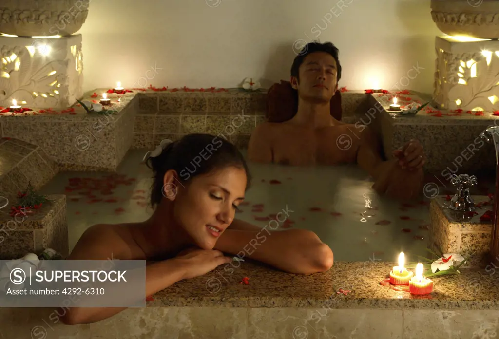 Couple's romantic bath at Pangkor Laut Resort in Malaysia