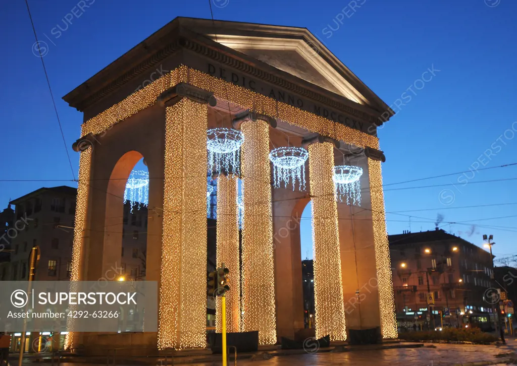 Italy, Lombardy, Milan, Porta Ticinese at Dusk, Piazza 24 Maggio