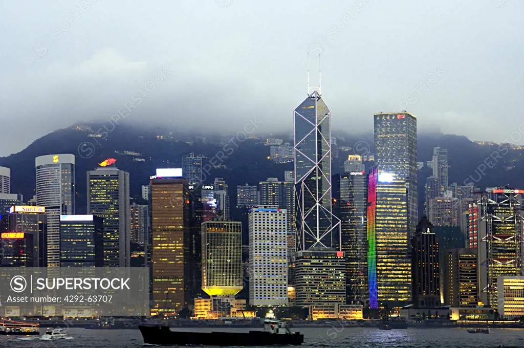Asia, China, Hong Kong, Evening view of Hong Kong skyline