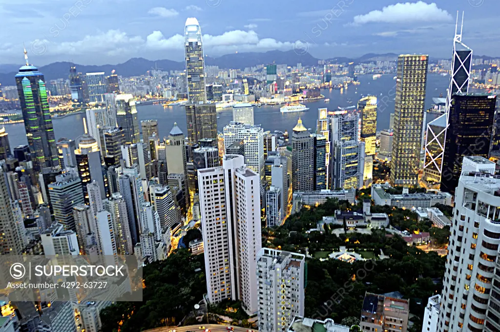 Asia, China, Hong Kong, Evening view of Hong Kong skyline