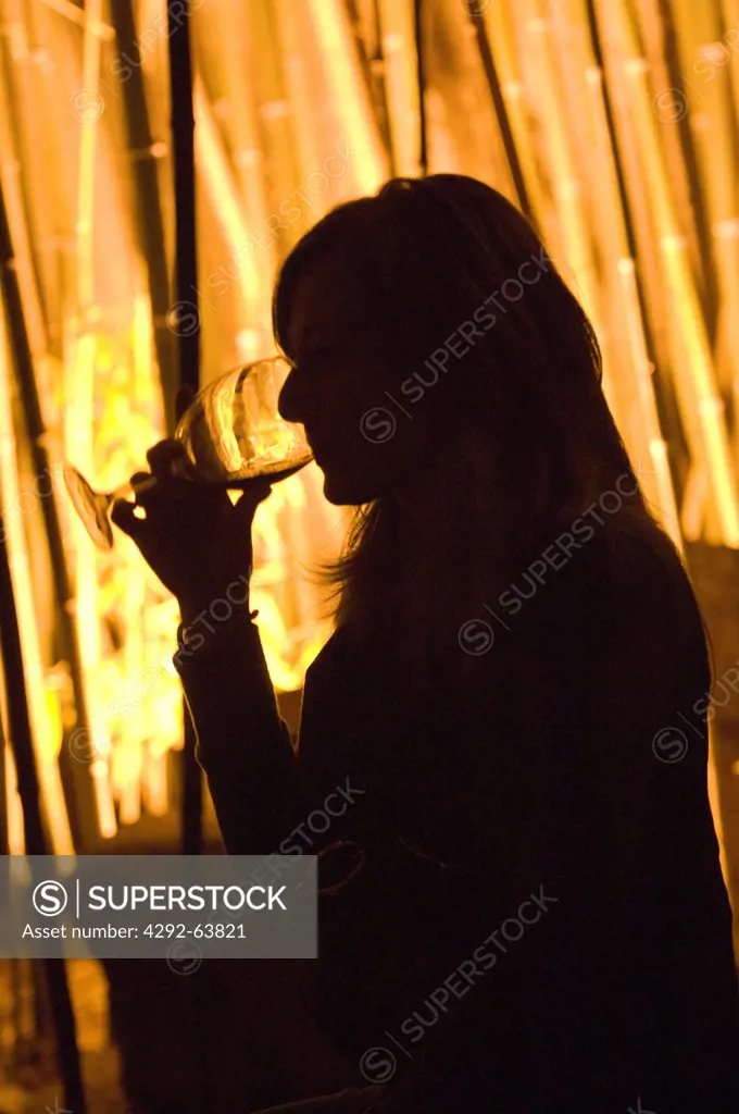 Woman silhouette drinking wine