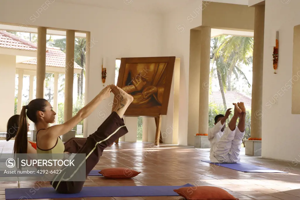 Group Yoga Session inside the Yoga Pavilion at Shreyas Retreatnear Bangalore, India