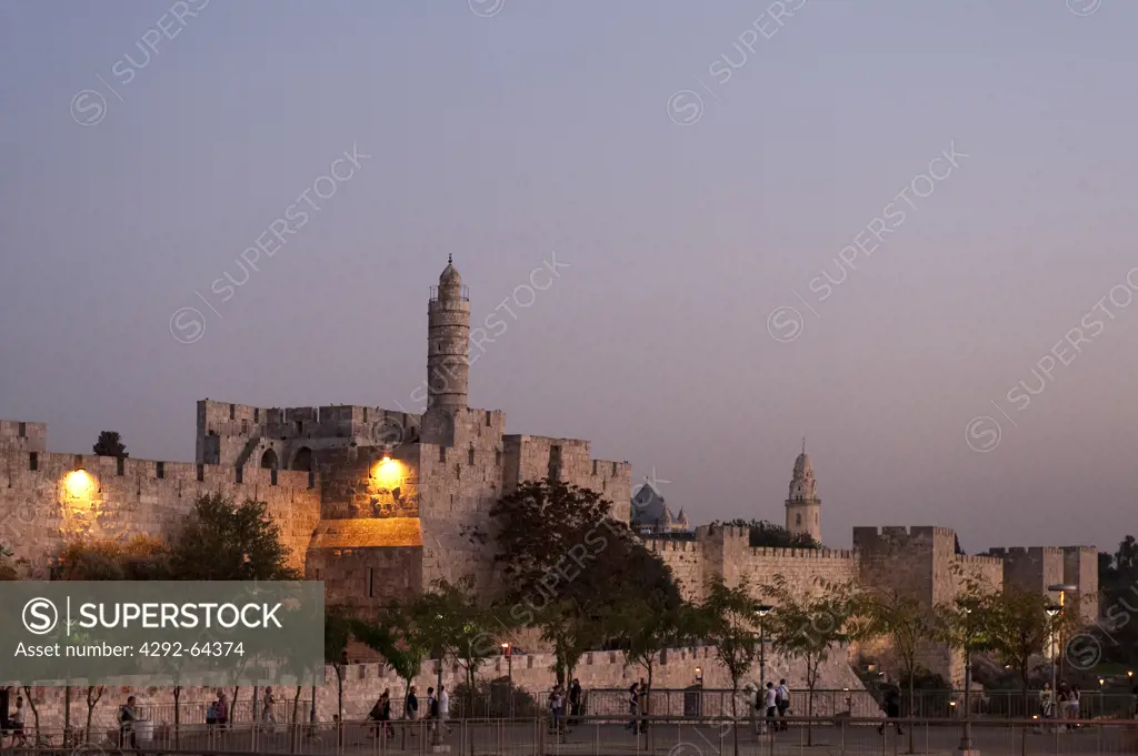 Israel, Jerusalem, David citadel at dusk