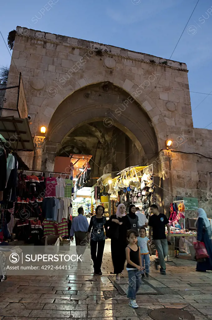 Israel, Jerusalem, the Damascus Gate at dusk
