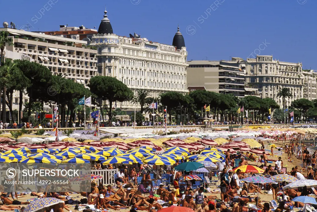 France, Cannes. Beach and Carlton Hotel