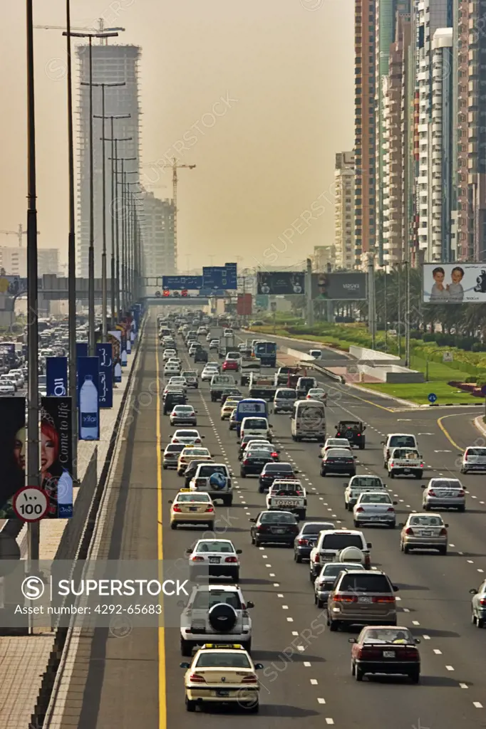 Dubai, United Arab Emirates. Heavy traffic on the Sheikh Zayed Road/Abu Dhabi Road