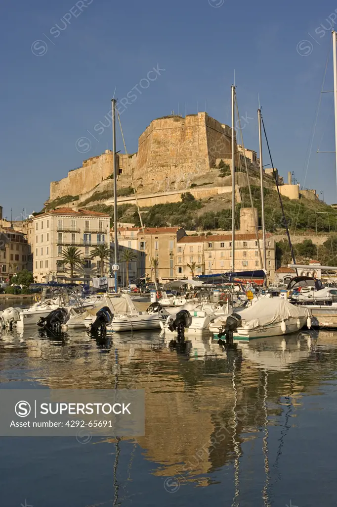 Bonifacio. Old port, lower town and Citadel. Bastion de l'Etendard. Corsica. France.