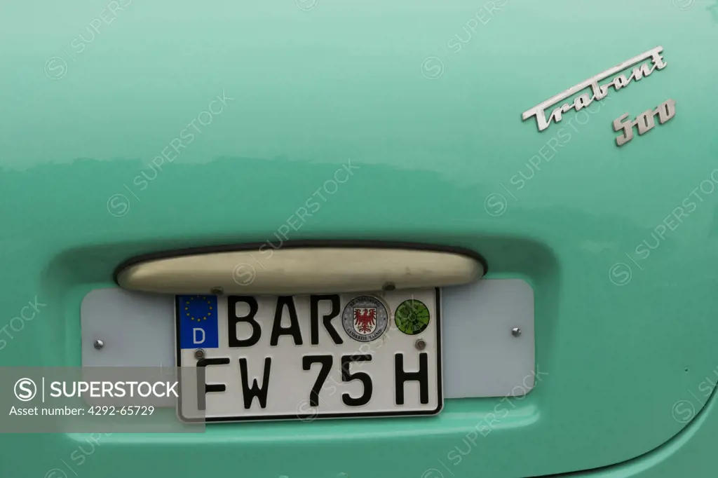 Germany, Berlin. Registration plate, number plate, of Trabant car, the iconic East German manufactured car before the unification