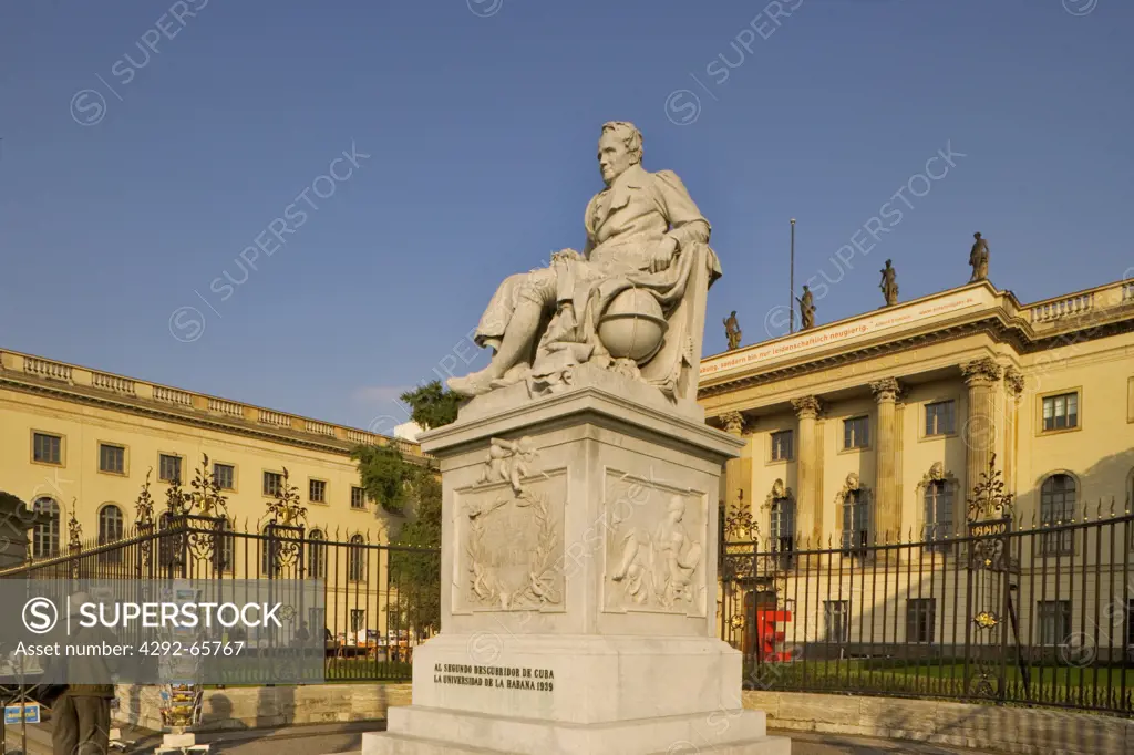 Berlin, Germany. Humboldt University and statue of Alexander von Humboldt on Unter den Linden. First university in Berlin. Built by Bowmann and Knobelsdorff in 1748