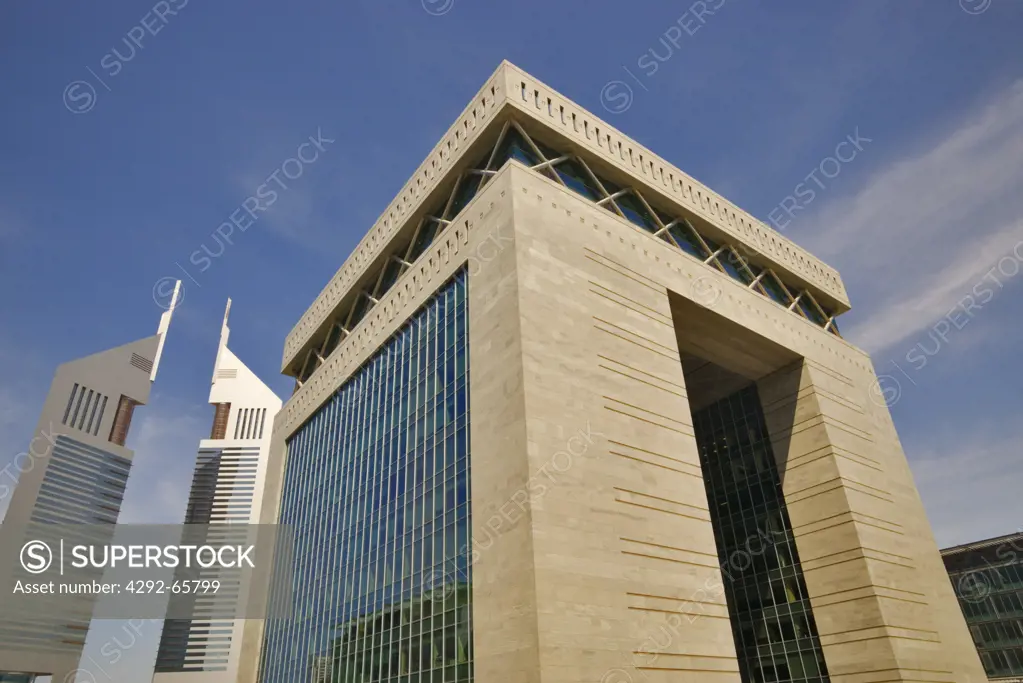 The Gate development, Dubais International Stock Exchange and Emirates Towers.Dubai, United Arab Emirates