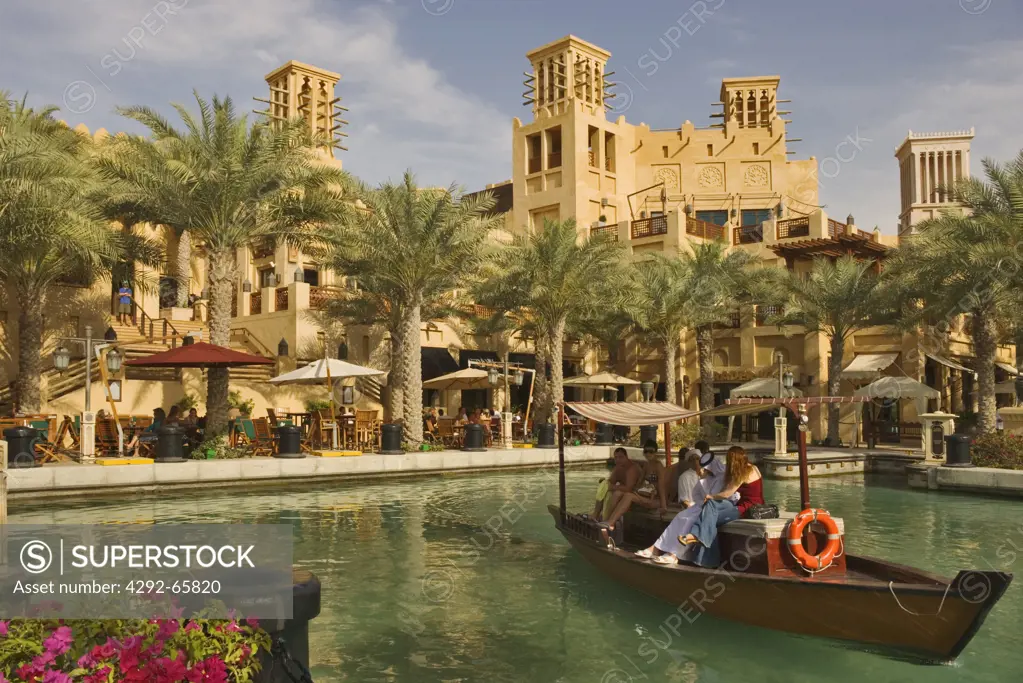 Dubai, United Arab Emirates, Madinat Jumeirah, Souk and water taxi boat