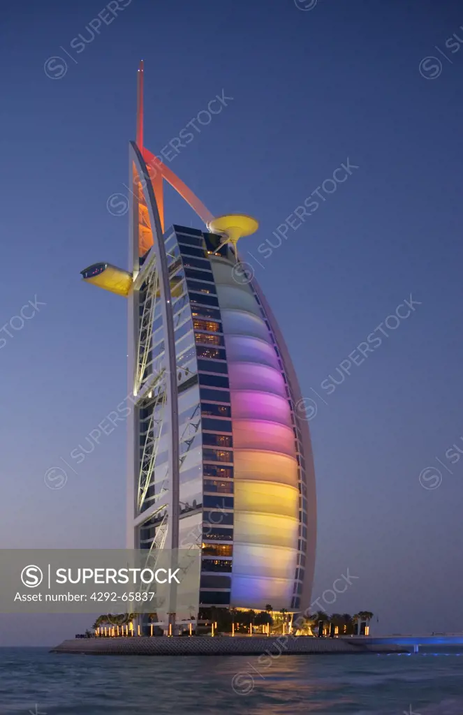Dubai, United Arab Emirates. Burj al Arab Hotel at Jumeira Beach at night
