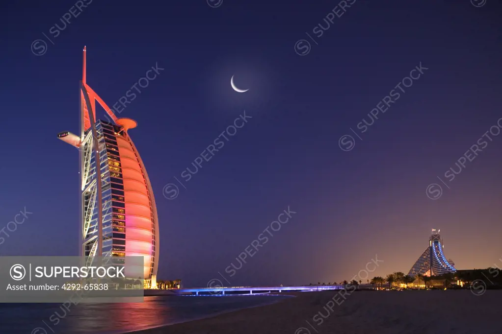 Dubai, United Arab Emirates. Burj al Arab Hotel at Jumeira Beach at night