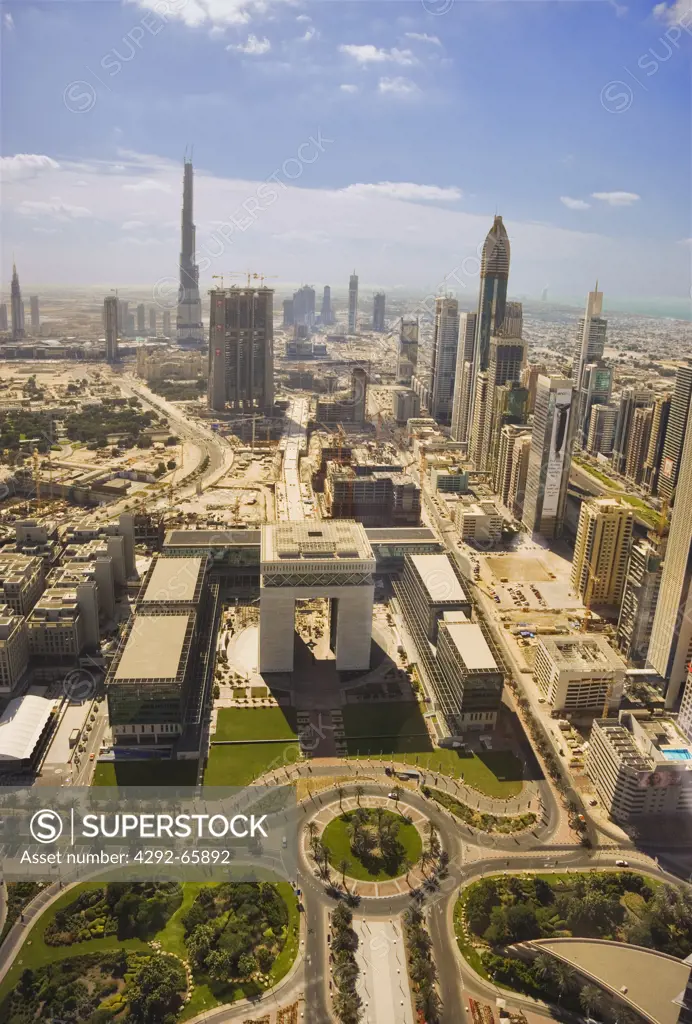 Aerial view of The Gate development, Dubais International Stock Exchange. Tall buildings along Sheikh Zayed Road and the central business Dubai, United Arab Emirates
