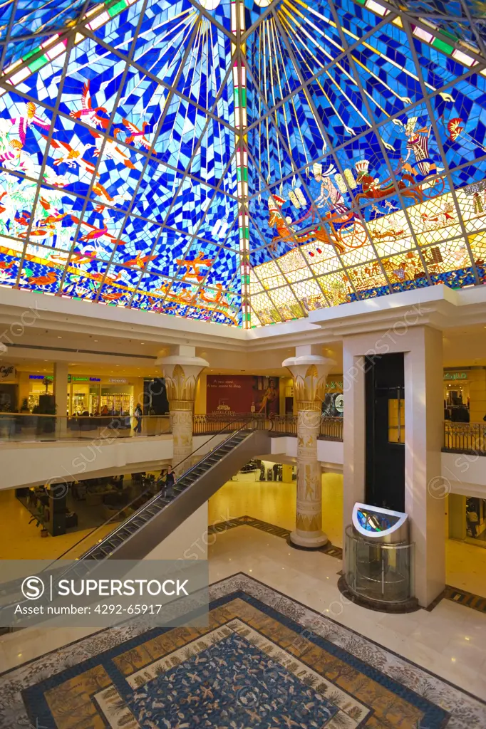 United Arab Emirates, Dubai, Atrium in new extension to Wafi Mall, designed in an Egyptian style with stained glass roof illustrating.